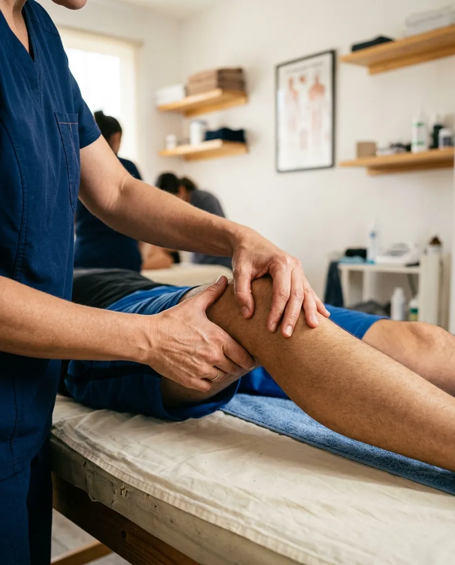 Manos de fisioterapeuta aplicando terapia manual en la rodilla de un paciente